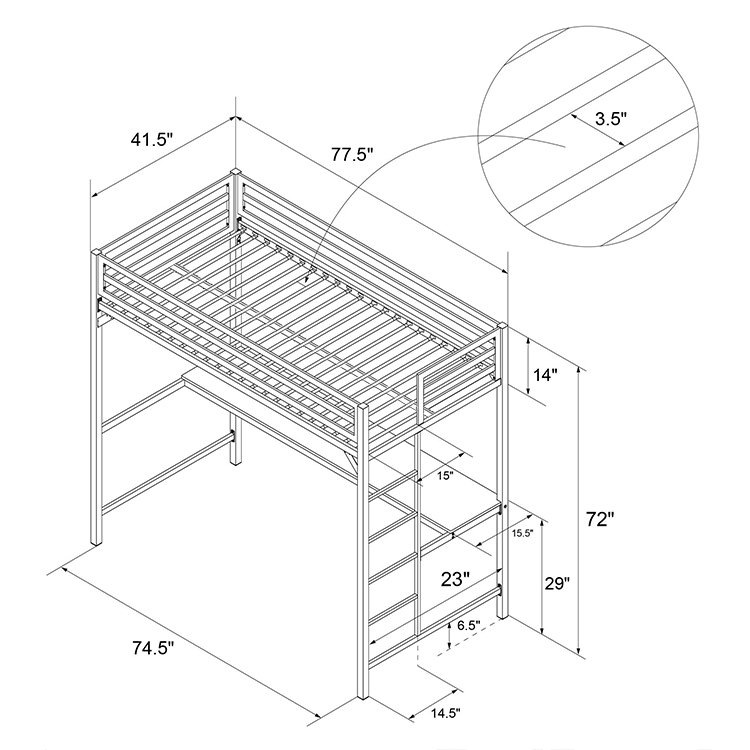 Metal loft bunk bed with desk